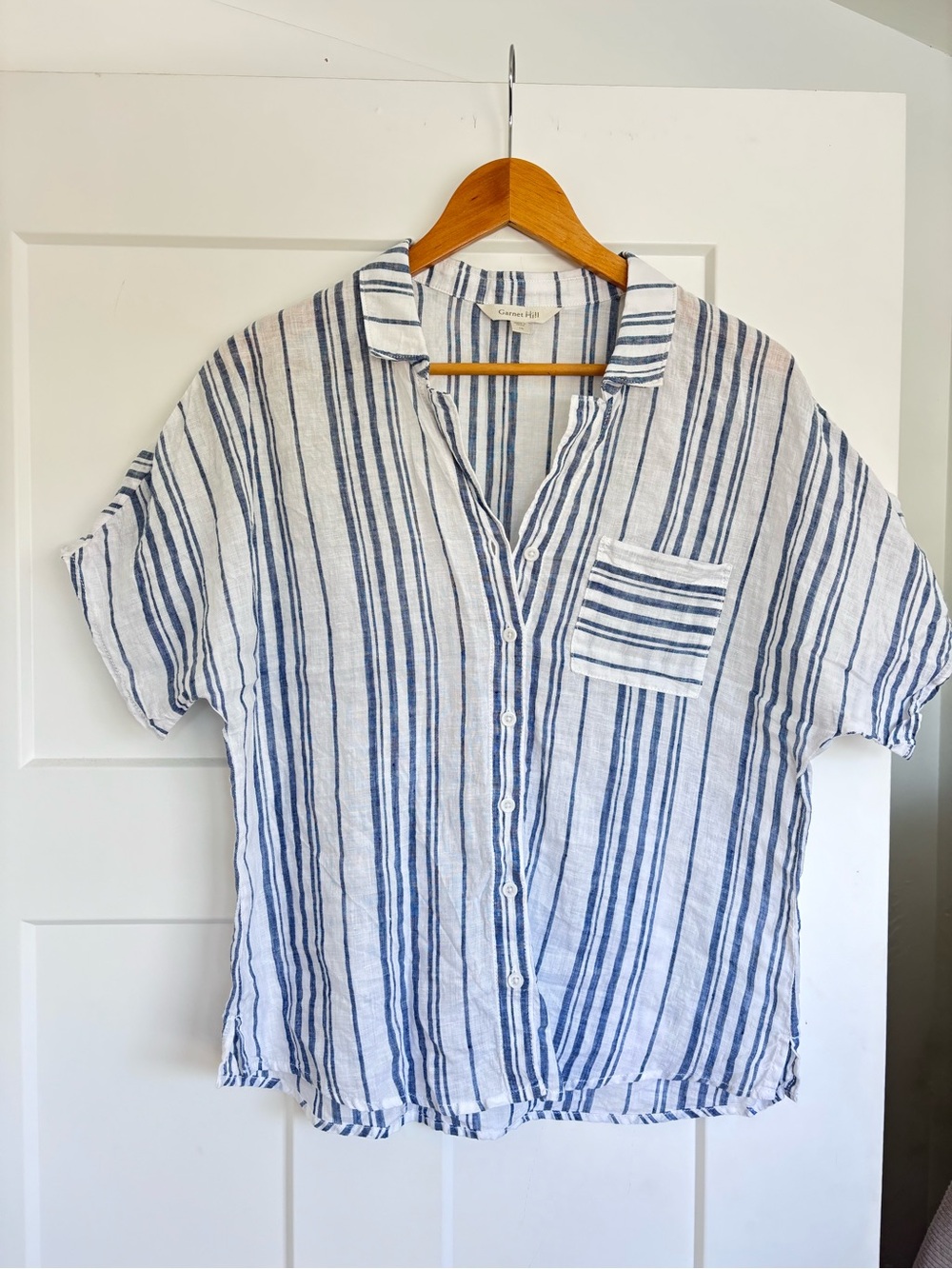 Garnet Hill Linen Striped Short dolman Sleeve Button-Up Lightweight Shirt sz 10
